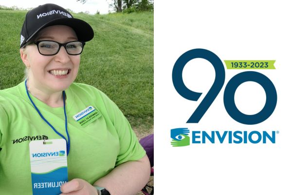 A selfie of Jennifer St Louis, smiling at the camera, next to the Envision 9th birthday logo