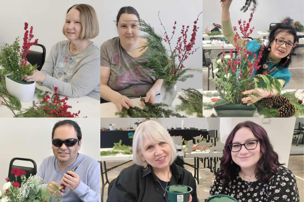 Envision Arts Gallery Hosts Holiday Greenery Craft Night A collage of art participants with their holiday wreaths.