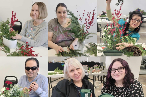 A collage of art participants with their holiday wreaths.