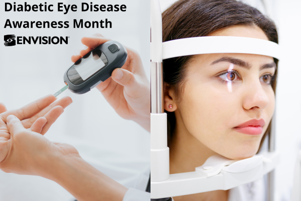 Text that says "Diabetic eye disease awareness month" with an image of someone's blood pressure take