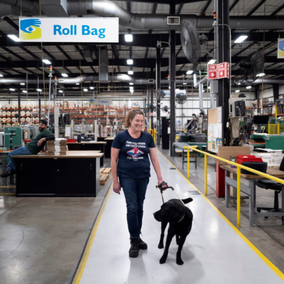 A woman walking with a guide dog at Envision.