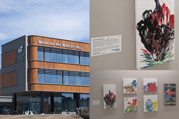 Collage of the outside view of the Wayne and Kay Woolsey Hall with paintings by Envision Arts artist