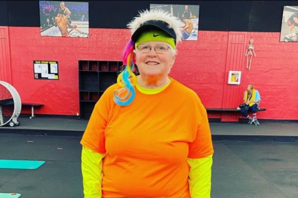 Wanda wearing an 80's halloween costume.