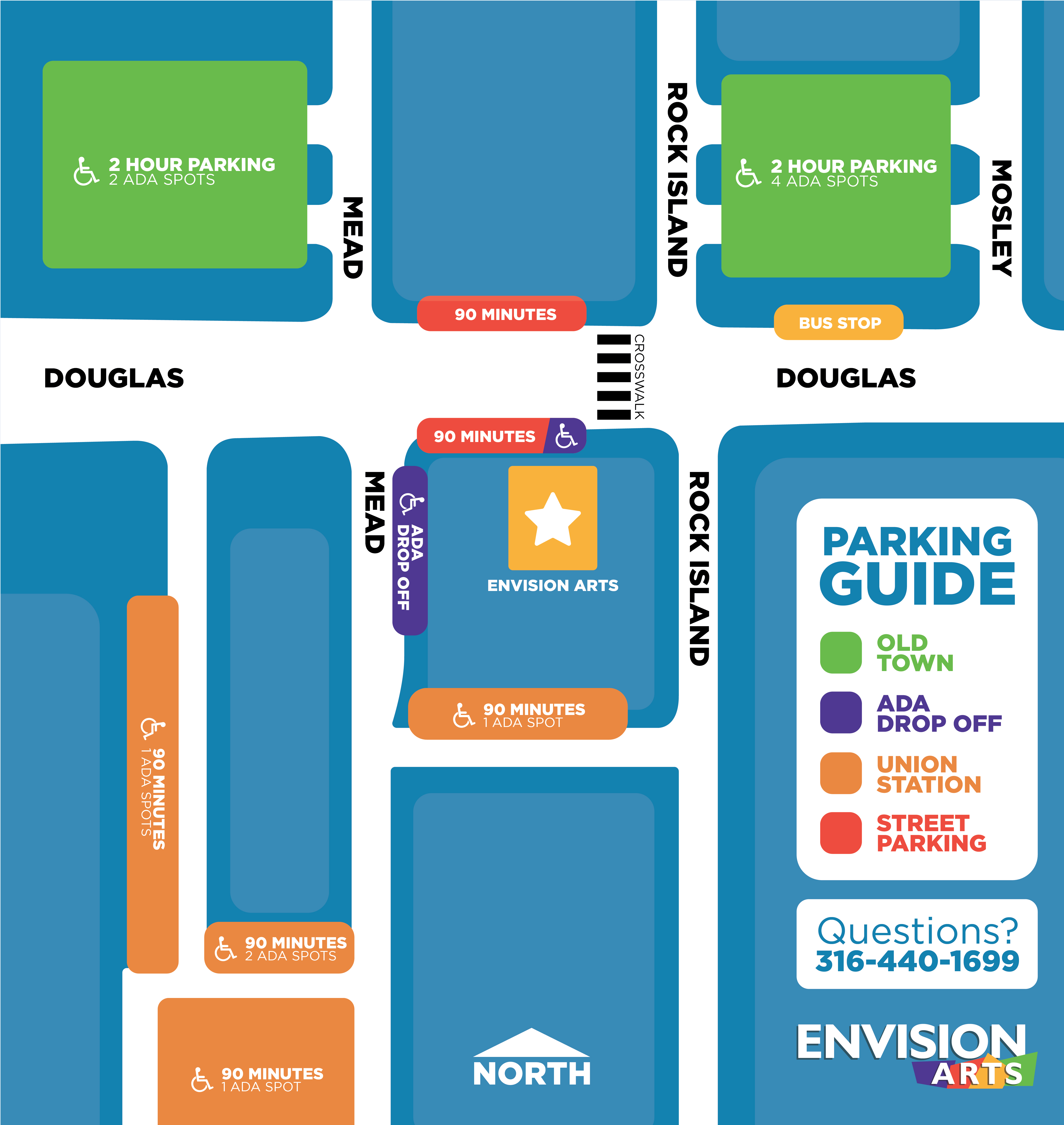 graphical map of the Envision Arts Gallery location on Douglas St. in between Mead St. and Rock Island Ave. 