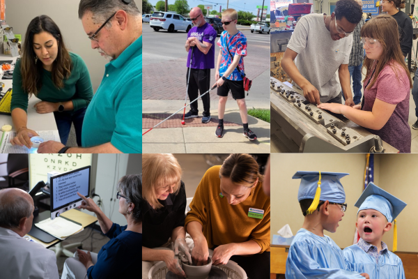 A collage of pictures of services and programs including art, technology summer camps, the child development center, white cane training and more.
