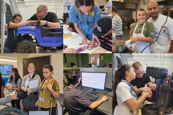 A collage of activities at level up such as cooking, computer skills and more.