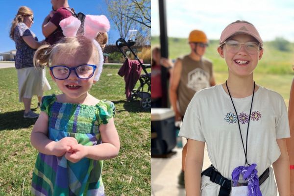 A collage of Therese at heather's camp, laughing and smiling for the camera, next to an image of Stella, wearing bunny ears as she smiles for a picture after participating in a blind egg hunt.