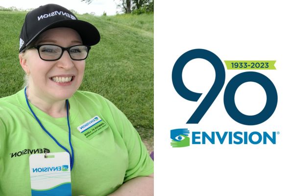 Celebrating 90 Years of Envision: What Envision Means to Me A selfie of Jennifer St Louis, smiling at the camera, next to the Envision 9th birthday logo