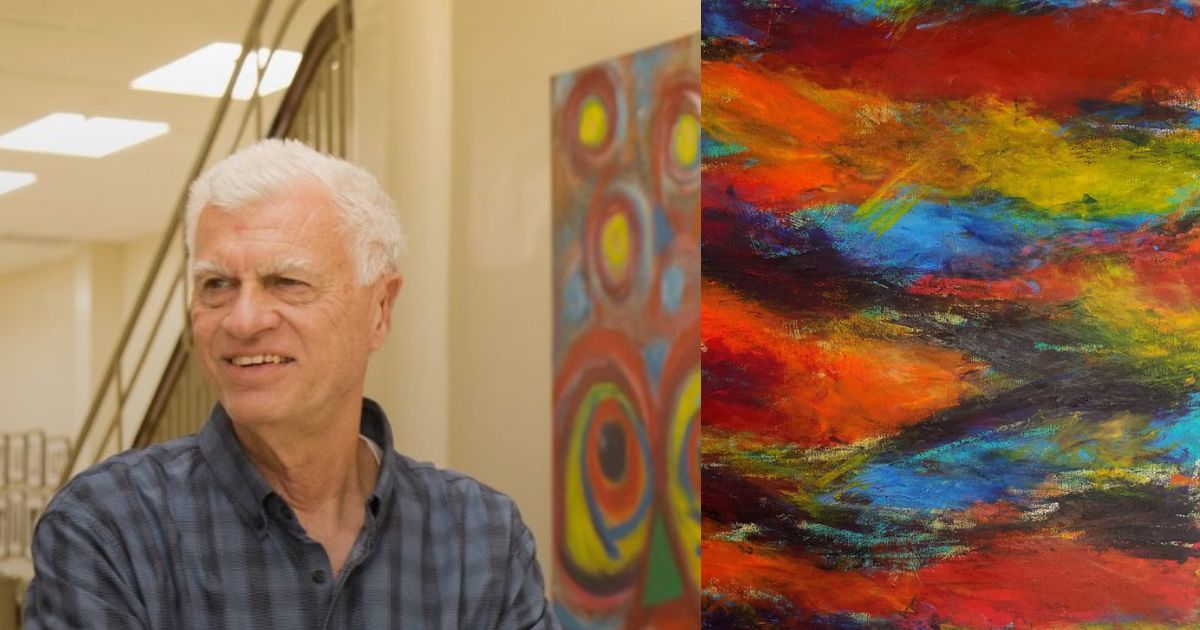A headshot of Mendoza smiling, next to an image of one of his tactile paintings.