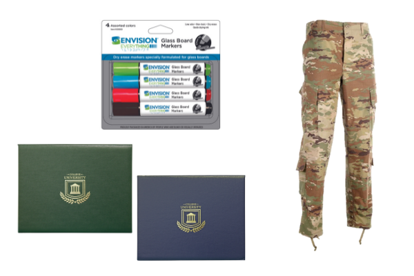 Collage of ACU camouflaged trousers, two military graduation binders, and glass board marker package