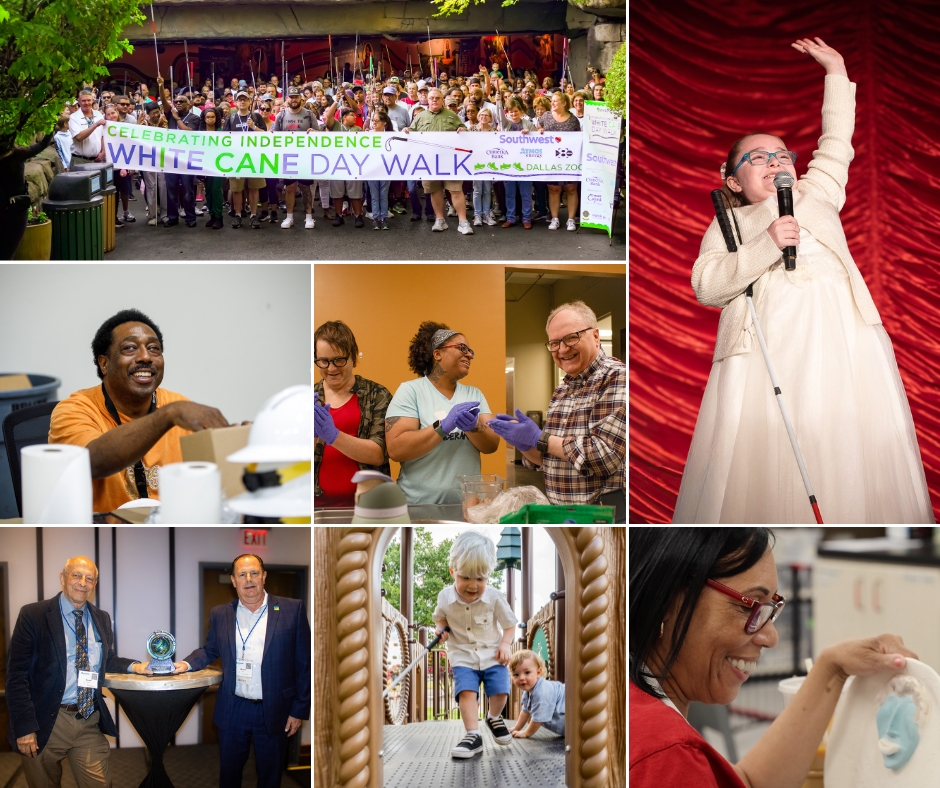 From left to right: A large group of people stand together outdoors holding a “White Cane Day Walk” 