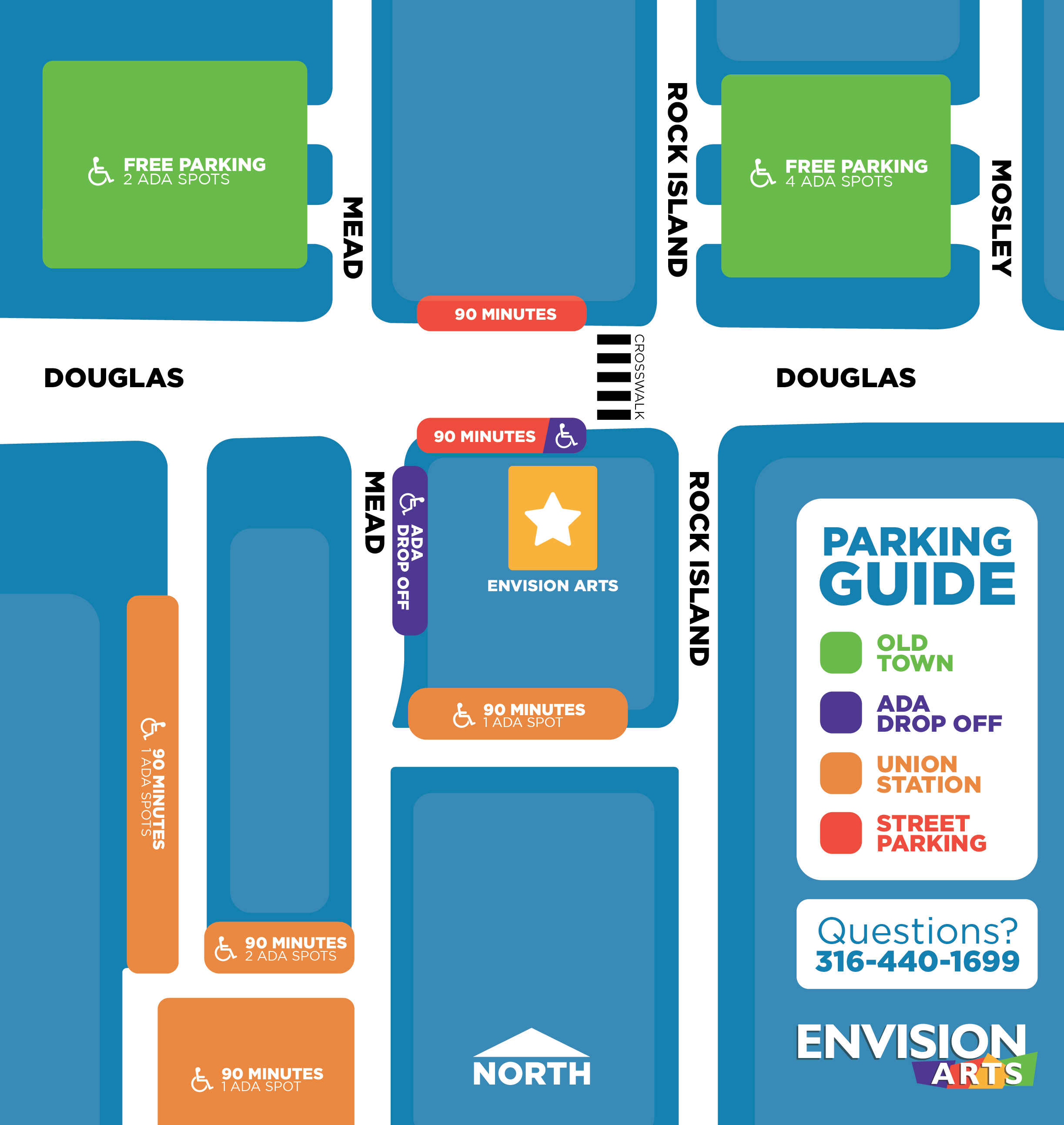 graphical map of the Envision Arts Gallery location on Douglas St. in between Mead St. and Rock Island Ave. 