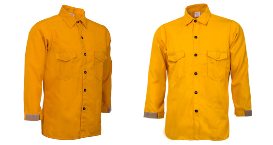 Two yellow CrewBoss traditional brush shirts with long sleeves