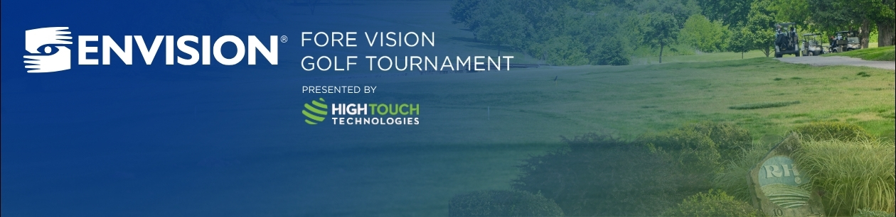 Golf flag on the golf course with trees in the background with Fore the Blind: Envision Golf Tournament in front.