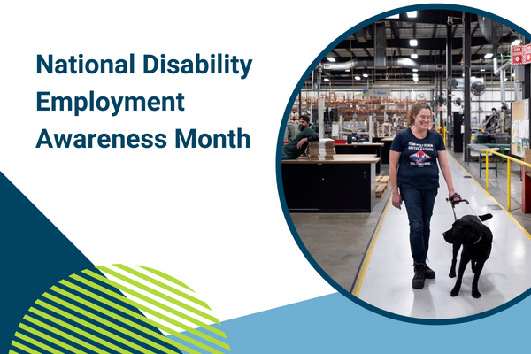 National Disability Employment Awareness Month with an image of an adult female walking her guidedog