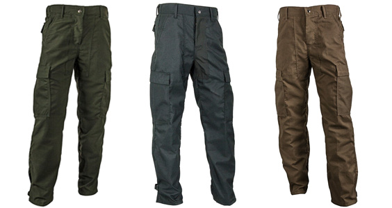 Three pairs of CrewBoss classic brush pants in various colors: Tecasafe Spruce, Pioneer Khaki, Advance Spruce